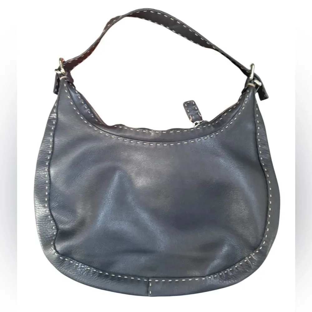 FENDI Midnight Navy Blue Selleria Leather Contrast White Top Stitching Hobo Bag